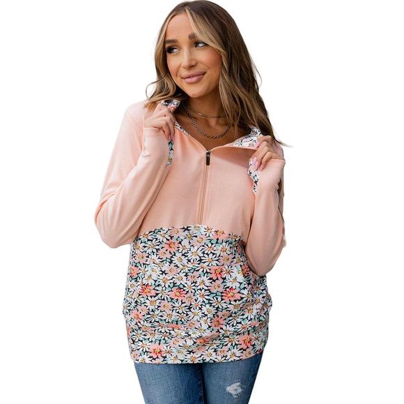 Azura Exchange  Pink Floral Patch Half Zip Kangaroo Pocket Hoodie - Picture 5 of 6